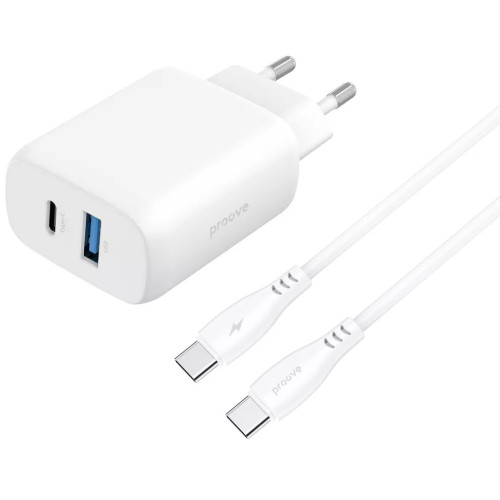 Сетевое зарядное устройство Proove Silicone Power 2 30W (Type-C + USB) + cable Type-C to Type-C 1m White (WCSP23011002)