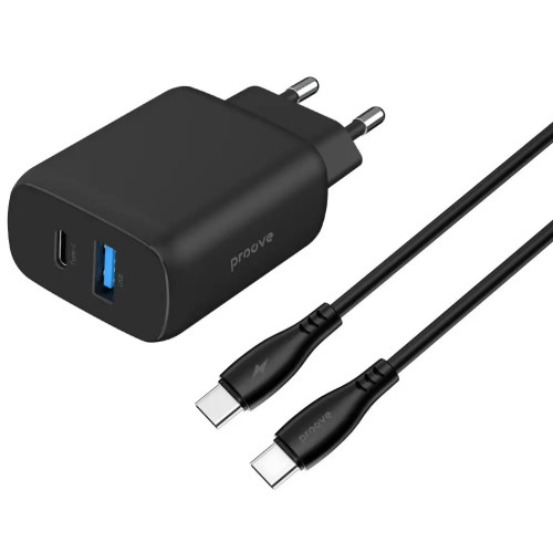 Сетевое зарядное устройство Proove Silicone Power 2 30W (Type-C + USB) + cable Type-C to Type-C 1m Black (WCSP23011001)