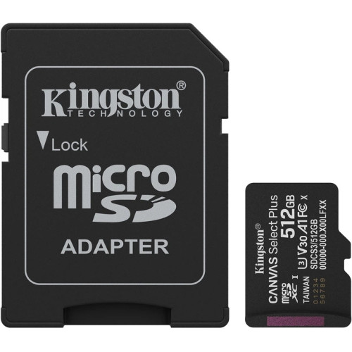 Карта памяти Kingston microSDXC 512GB Canvas Select Plus UHS-I R150MBs + SD-адаптер (SDCS3/512GB)