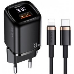 Сетевое зарядное устройство Usams T46 UD Series USB-A/USB-C PD&QC3.0 33W 3A + cable Lightning, Type-C Black