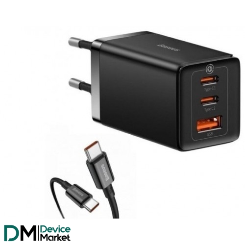 Мережевий зарядний пристрій Baseus GaN5 Pro Fast Charger 2C+U 65W EU + cable Type-C to Type-C Black (CCGP120201)