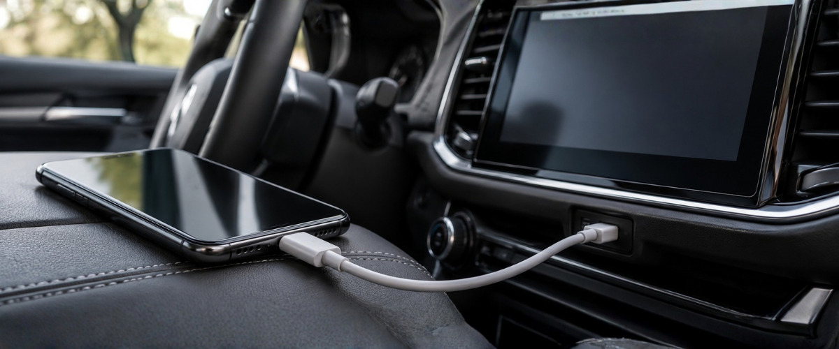 Смартфон і USB-кабель поруч із мультимедійним екраном автомобіля