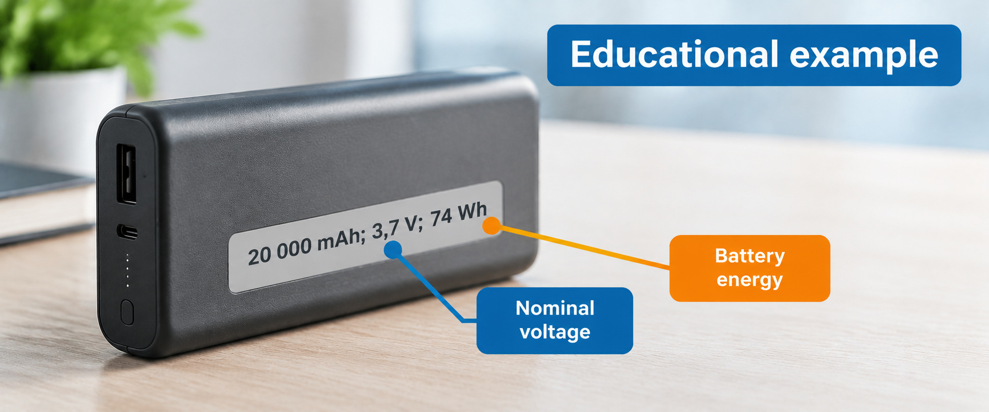 Учебный пример маркировки пауэрбанка: 20 000 mAh, 3,7 V и 74 Wh.