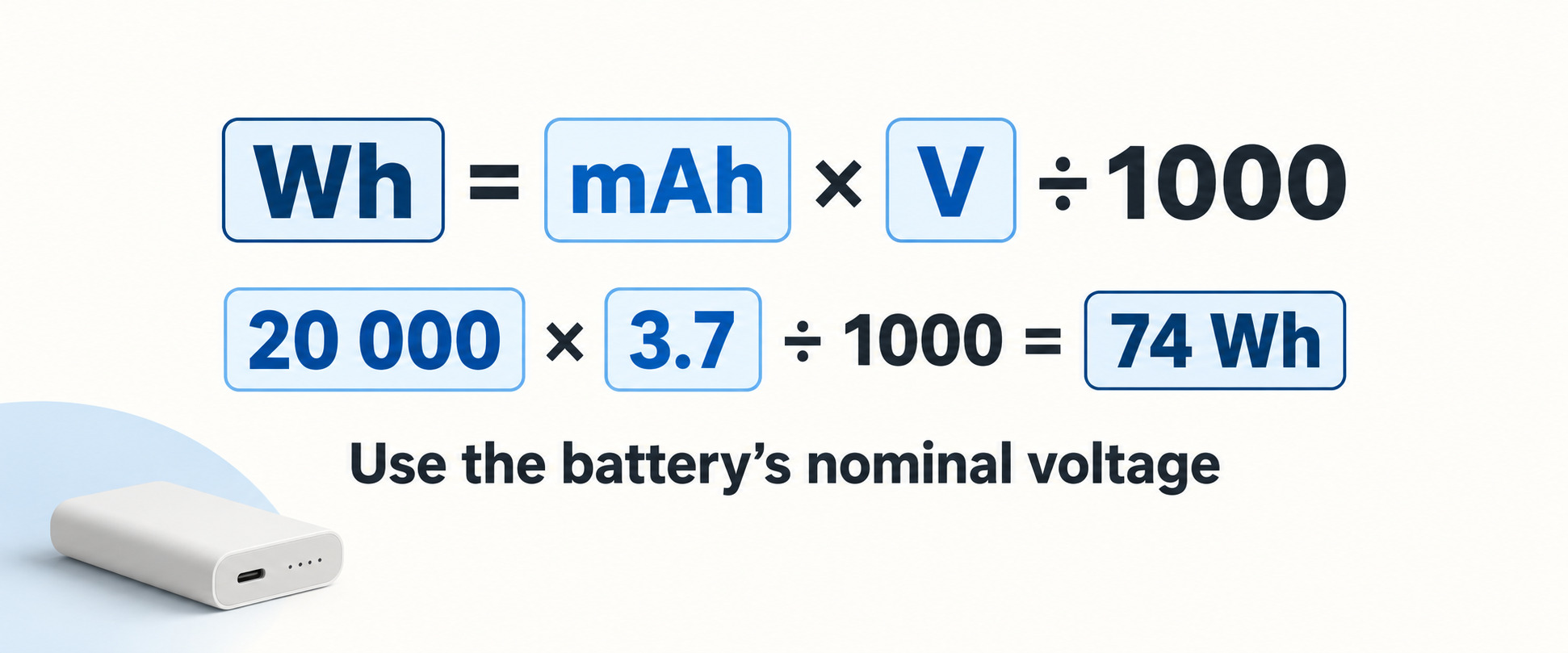 Формула перевода mAh в Wh и пример расчёта 74 Wh для 20 000 mAh при 3,7 V.
