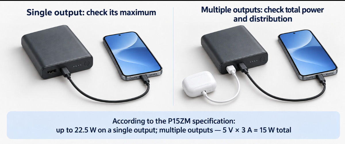Подключение одного и двух устройств к USB-C и USB-A портам повербанка.