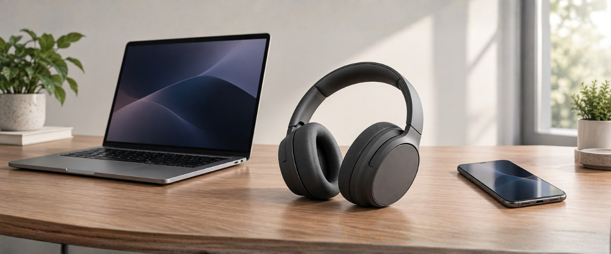 Bluetooth-наушники рядом с телефоном и ноутбуком