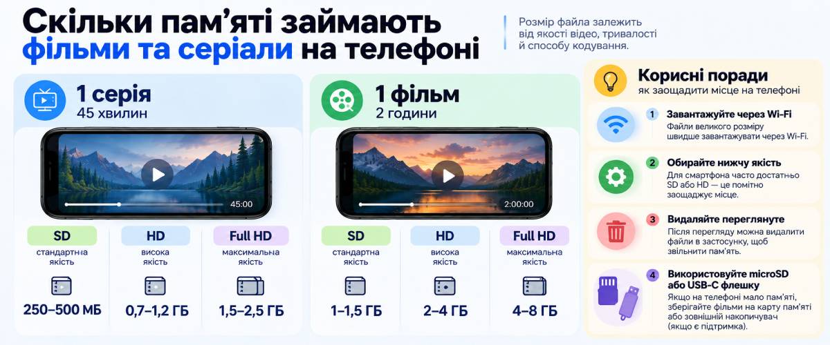 Скільки пам’яті займають фільми на телефоні