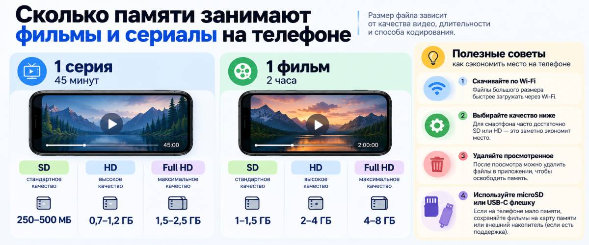 Сколько памяти занимают фильмы на телефоне