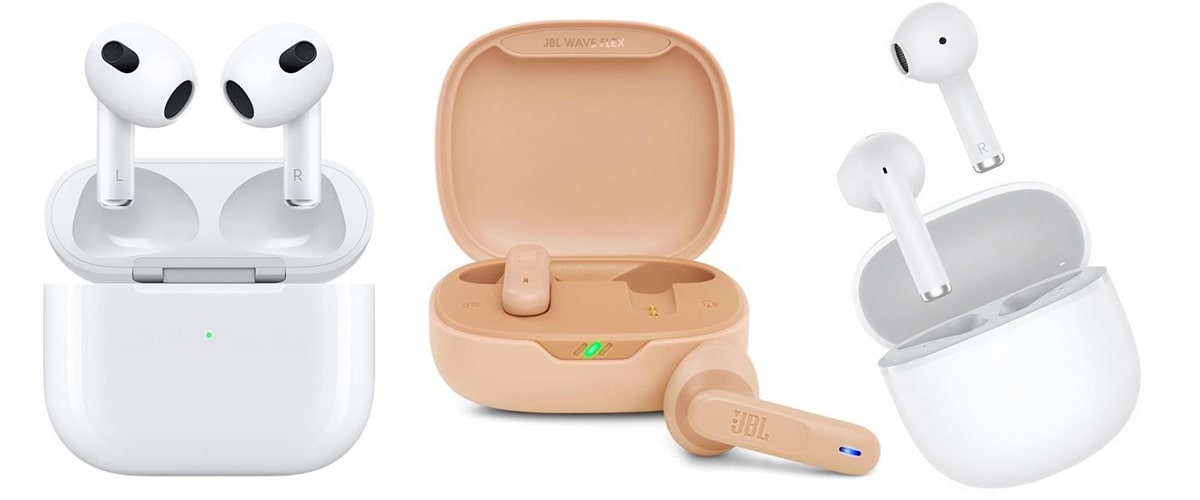 Бездротові гарнітури Apple AirPods 3, JBL Wave Flex та QCY AilyBuds Lite